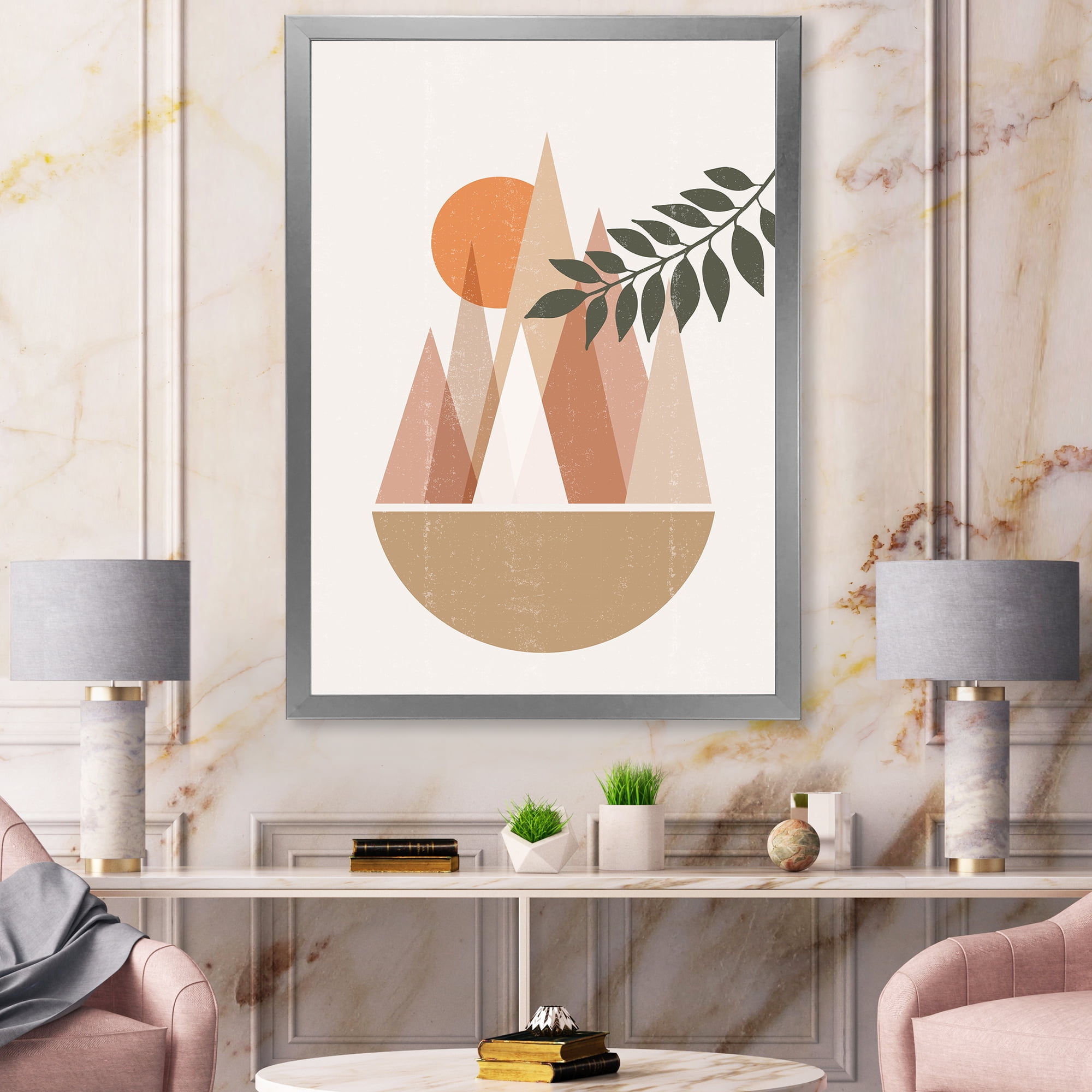 Designart 'Abstract Moon and Sun In Mountains II' Modern Framed Art Print