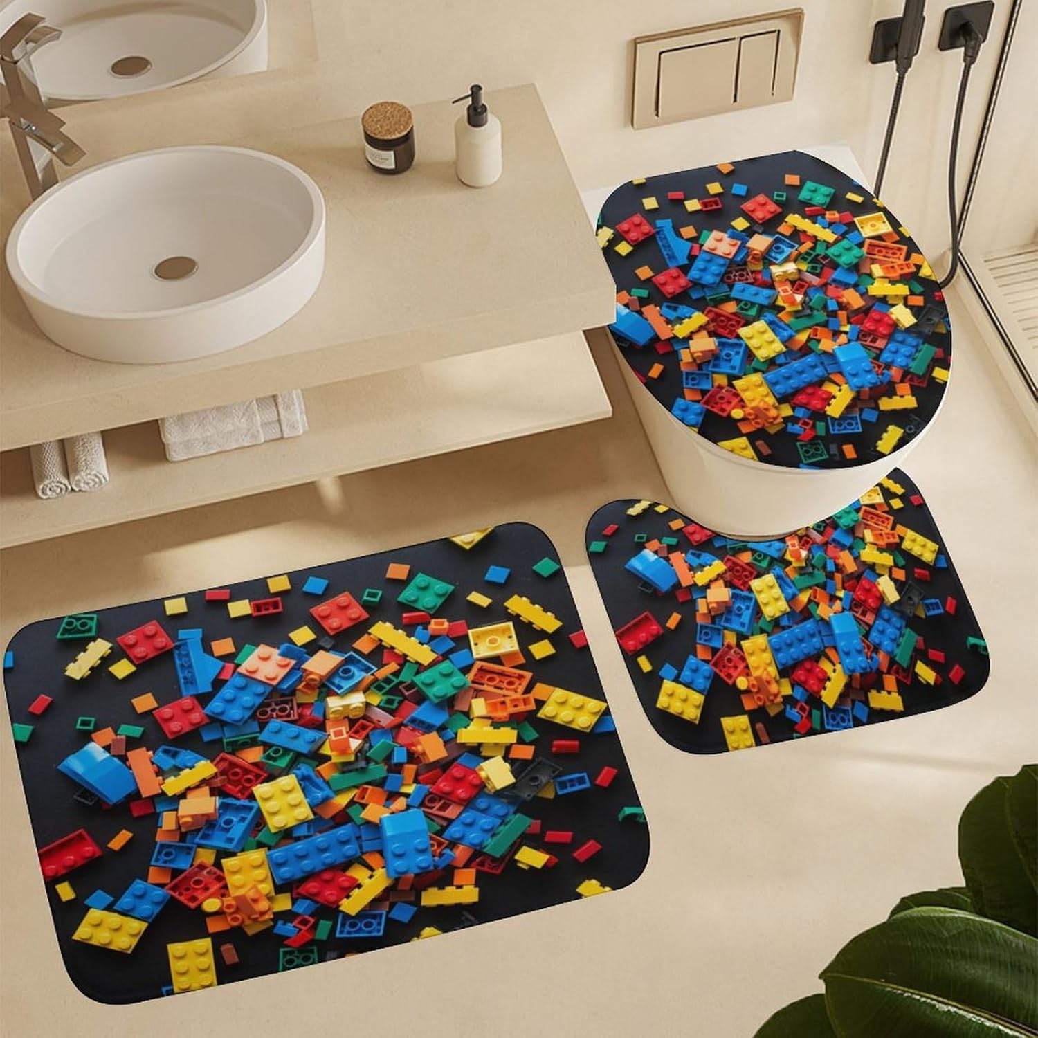 4Pcs Colorful Building Block Brick Shower Curtain Sets with Rugs, Toilet Lid Cover and Bath Mat, Geometric Bathroom Shower Curtains Set with 12 Hooks