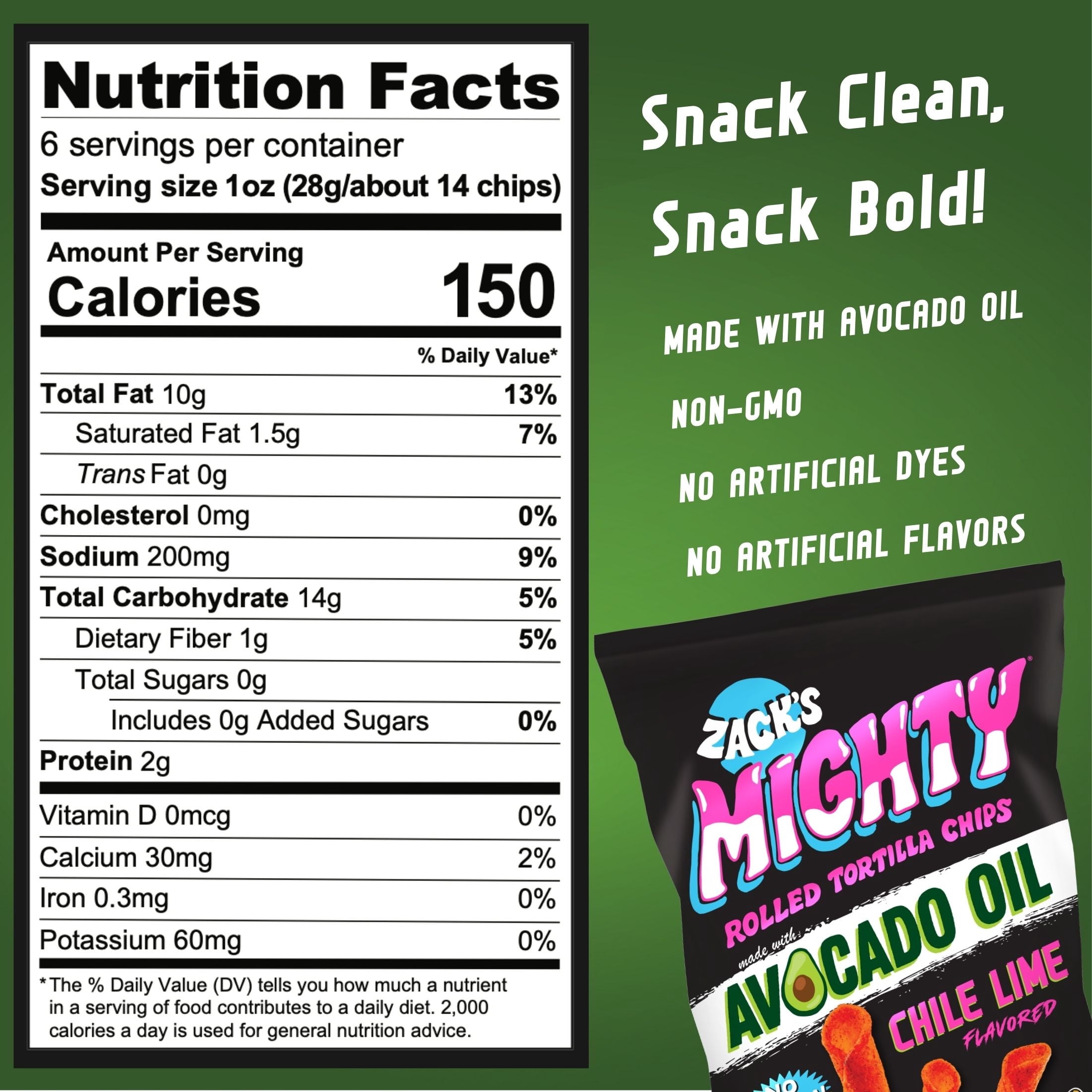Zack's Mighty Avocado Oil Rolled Tortilla Chips - Chile Lime, 6 oz. Film Bag, No Artificial Colors or Dye