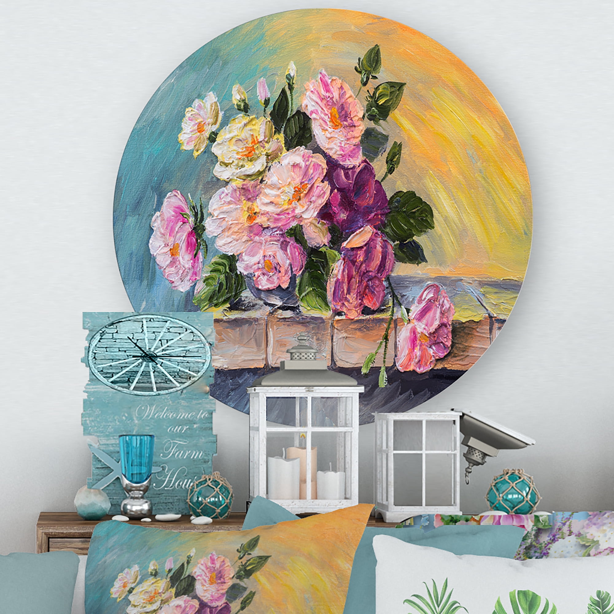 Designart 'Still Life With Bouquet Of Pink Flowers' Traditional Circle Metal Wall Art 23x23 - Disc of 23