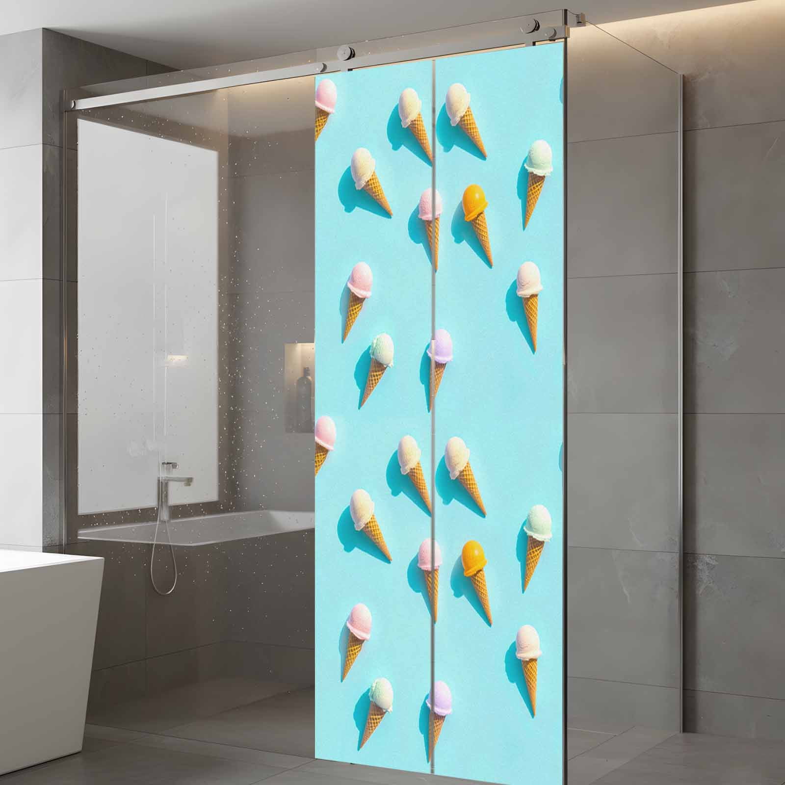 Blue Ice Cream Window Privacy Film, Summer Colorful Ice Cream Static Cling UV Sun Blocking Tint Film Heat Control Windows Films for Bedroom Bathroom, Window Stickers 23.6"x59"