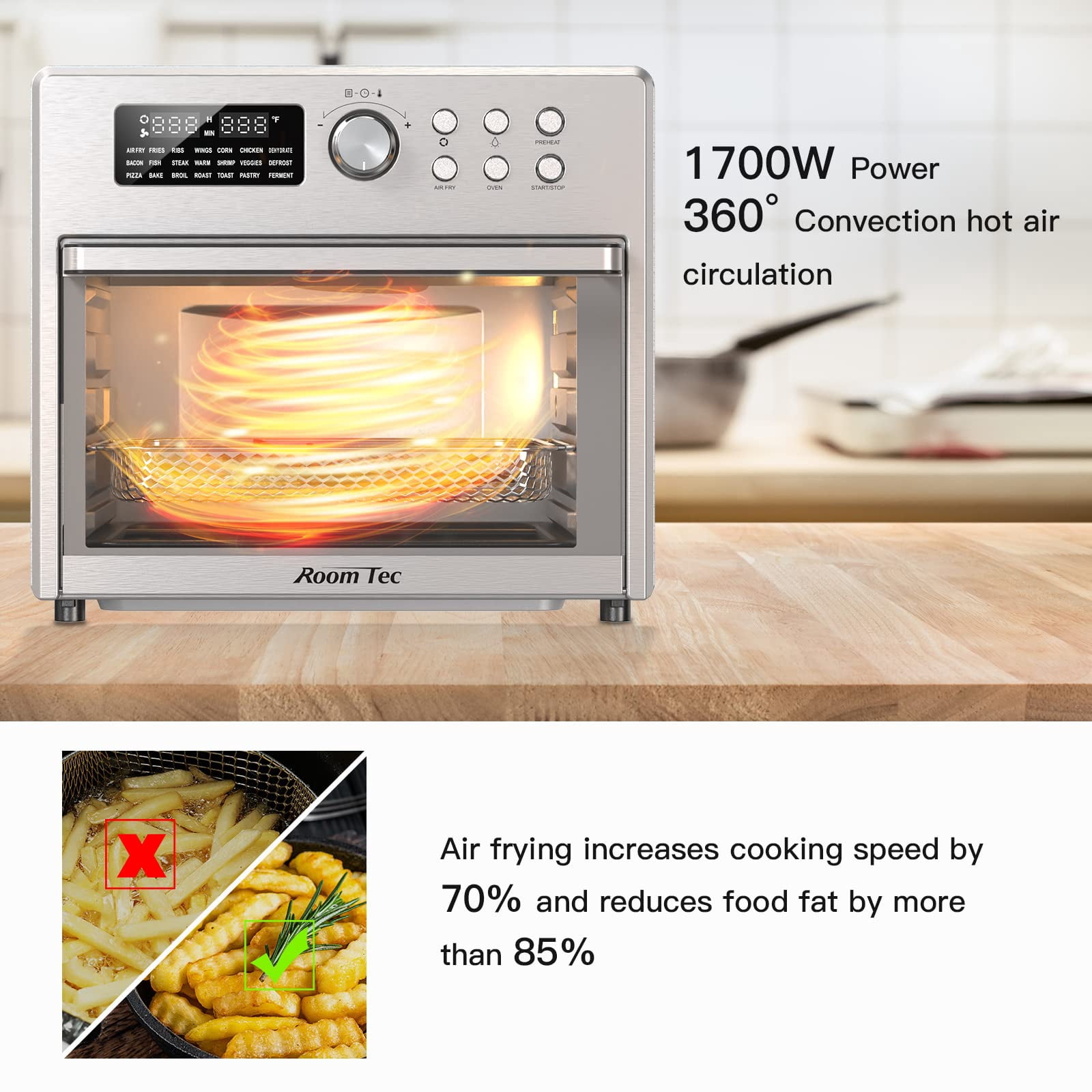 LOVMOR 26 Quart Air Fryer Oven with 9 Accessories,21-in-1 Smart Large Airfryer,Countertop Convection Toaster Ovens for Rotisserie,Baking,Dehydrators,Grills, Stainless steel, 15.7"*13.7"*12.1"