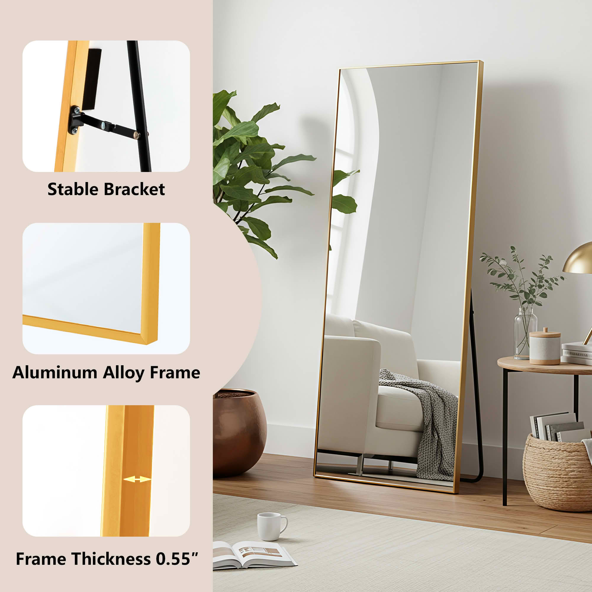 MAYEERTY 64"x21" Aluminum Right Angle Full-Length Mirror, Tempered Glass With Stand, Gold