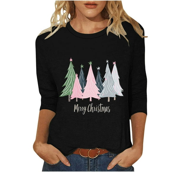 Lcziwo Women's 3/4 Sleeve T Shirts Round Neck Christmas Holiday Tops Xmax Tree Print Loose Blouses 2025 Fal Fashion Casual Tees Gray,S