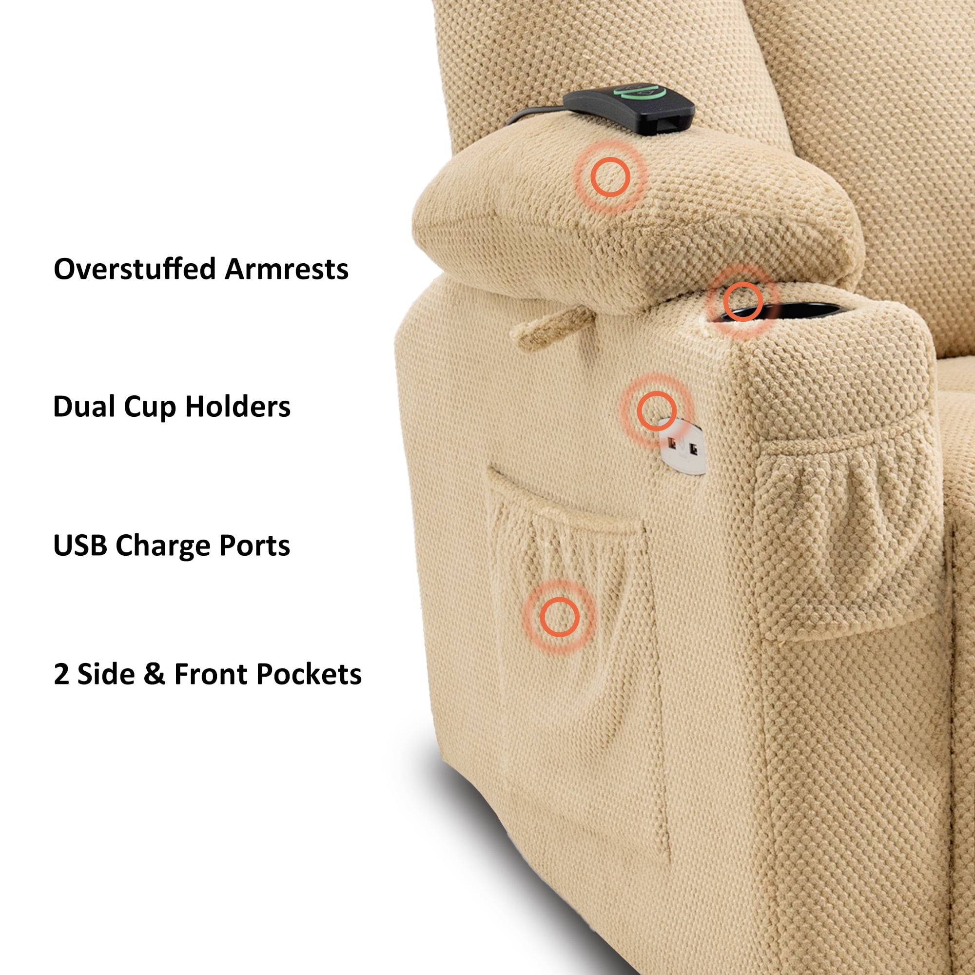 MCombo Electric Power Recliner Chair with Massage & Heat, Extended Footrest, USB Ports, 2 Side & Front Pockets, Cup Holders, Beige Plush Fabric 8015