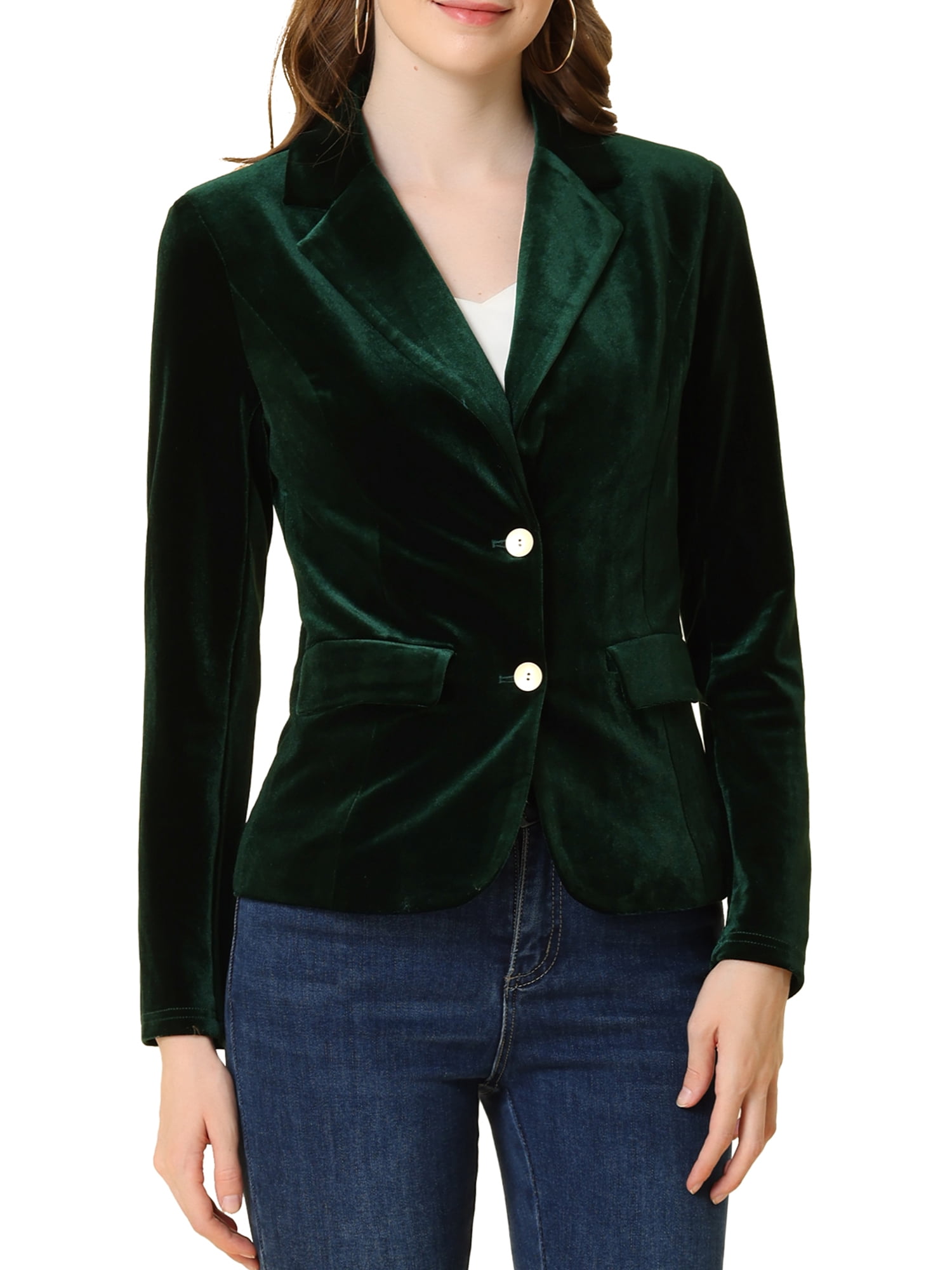 DARING DIVA Women's Notched Lapel Button Front Office Velvet Blazer L Dark Green