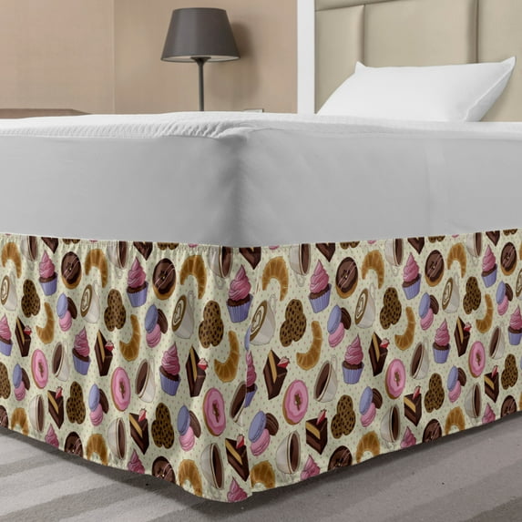 Coffee Bed Skirt, Coffee Shop Themed Image with Cups Cookies Cake Chocolate Artwork Pattern, Elastic Bedskirt Dust Ruffle Wrap Around for Bedding Decor, 4 Sizes, Multicolor, by Ambesonne