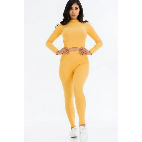 Lamoda Addict Yellow/Mustard 2-piece Legging Set with Ribbed Knit Crop Top Longsleeve and Leggings.