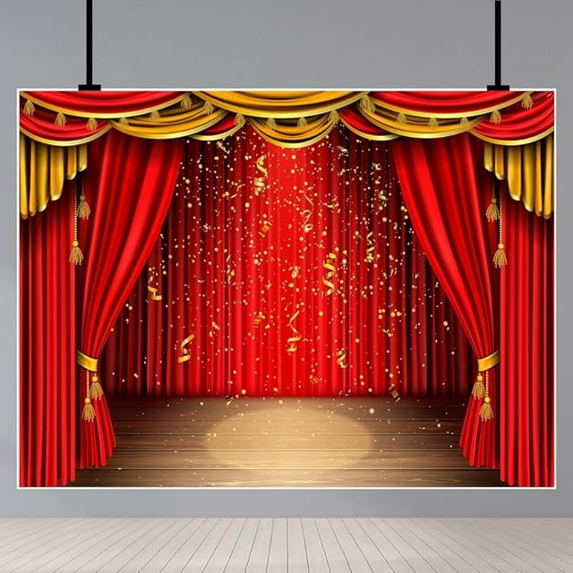 Toiles de Fond de Scène de Théâtre Lumières de Scène Dorées Ruban Rideaux Rouges Décorations de Plancher en Bois Rustiques Toile de Fond Enfants Adultes Portrait Accessoires de Studio Photo Spectacle de Talents Toile de Fond de Photographie