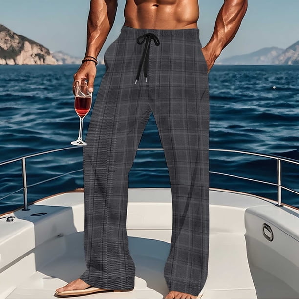 Pantalones de pijama largos para hombre, informales, con estampado a cuadros, holgados, deportivos, elásticos, rectos, vintage, con bolsillos