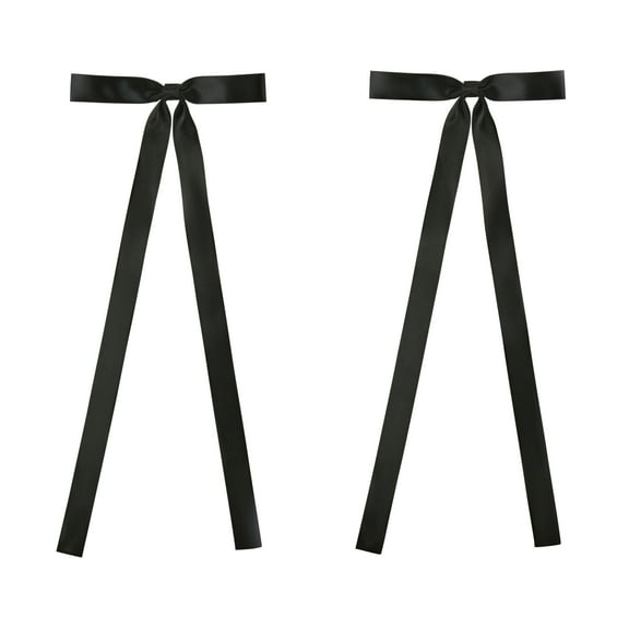 Black Satin Ribbon Hair Bows with Tails, Set of 2