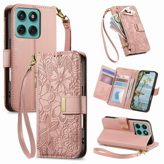ELEHOLD Floral Embossed Leather Wallet Case for Motorola Edge (2025), Zipper Card Holder Shockproof TPU Anti-Scratch Flip Stand Wallet Case Cover With Detachable Crossbosy/ Wrist Strap ,Rosegold