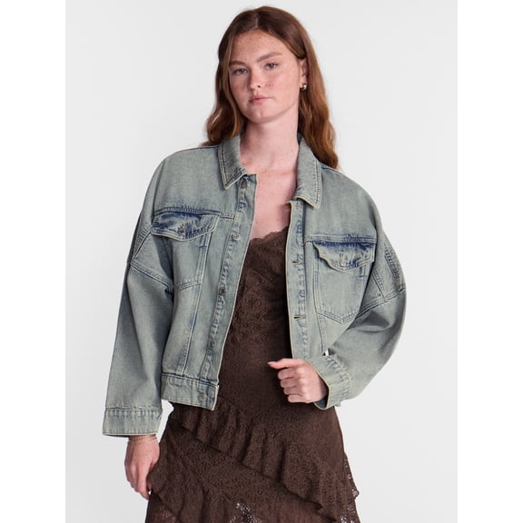 No Boundaries Oversized Denim Cotton Jacket, Women’s XXS-4X