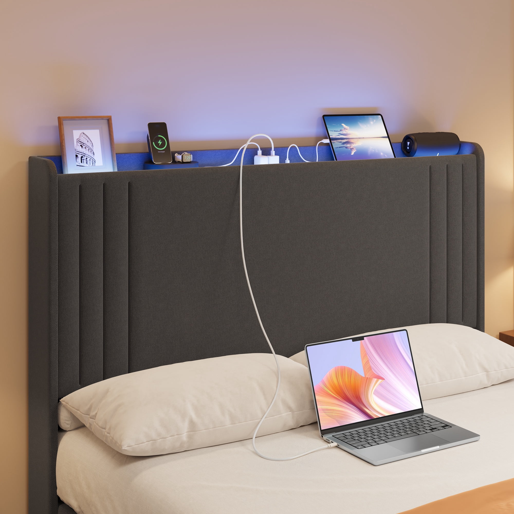 Asofer Full Bed Frame w/Upholstered Wingback, Wood Slats, Charging Station & LED Lights, Dark Gray