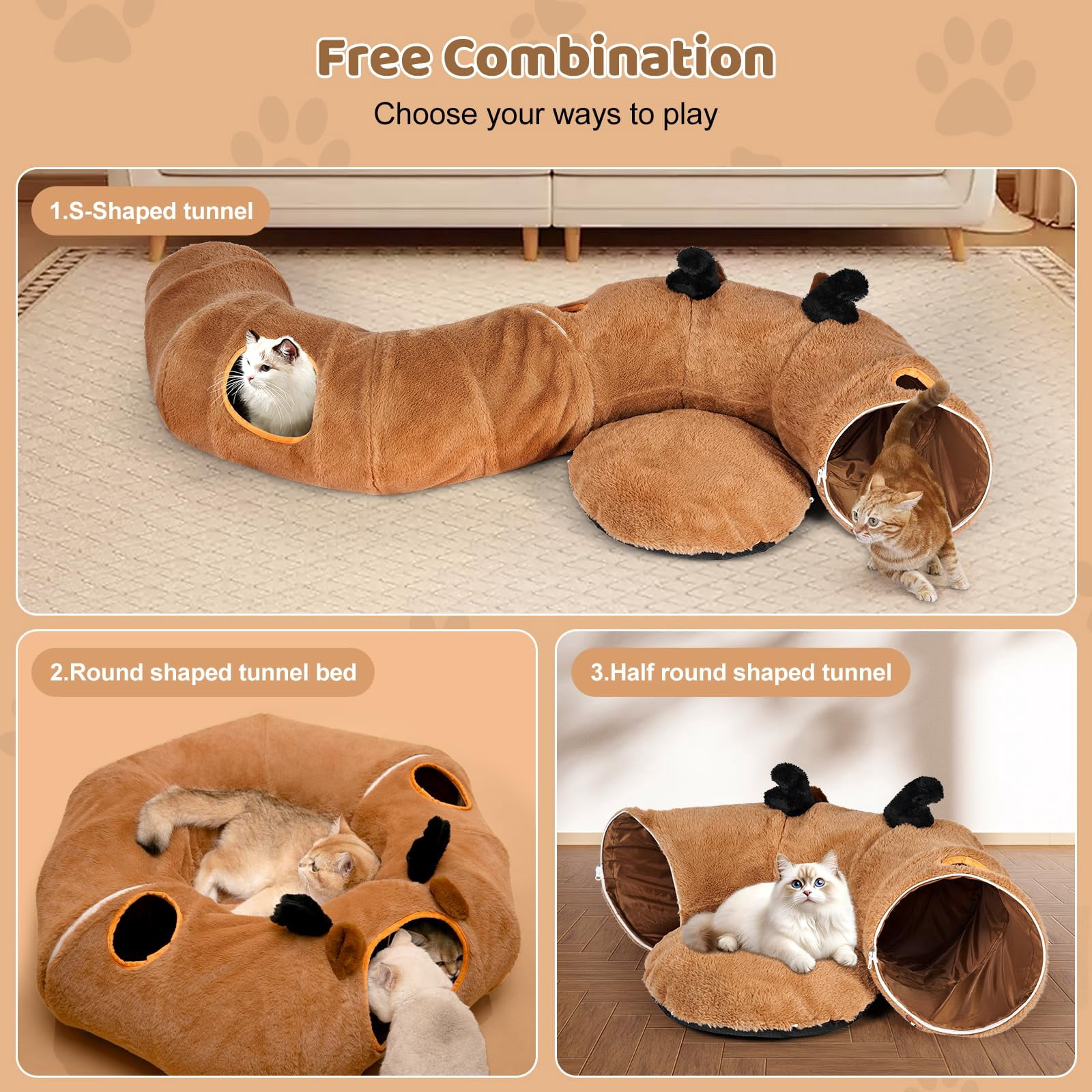 Cat Tunnel Bed With 20 Interactive Toys  3-in-1 Diy Collapsible Plush Tube Washable Mat Large Indoor Play Cave For Kittens And Small Animals