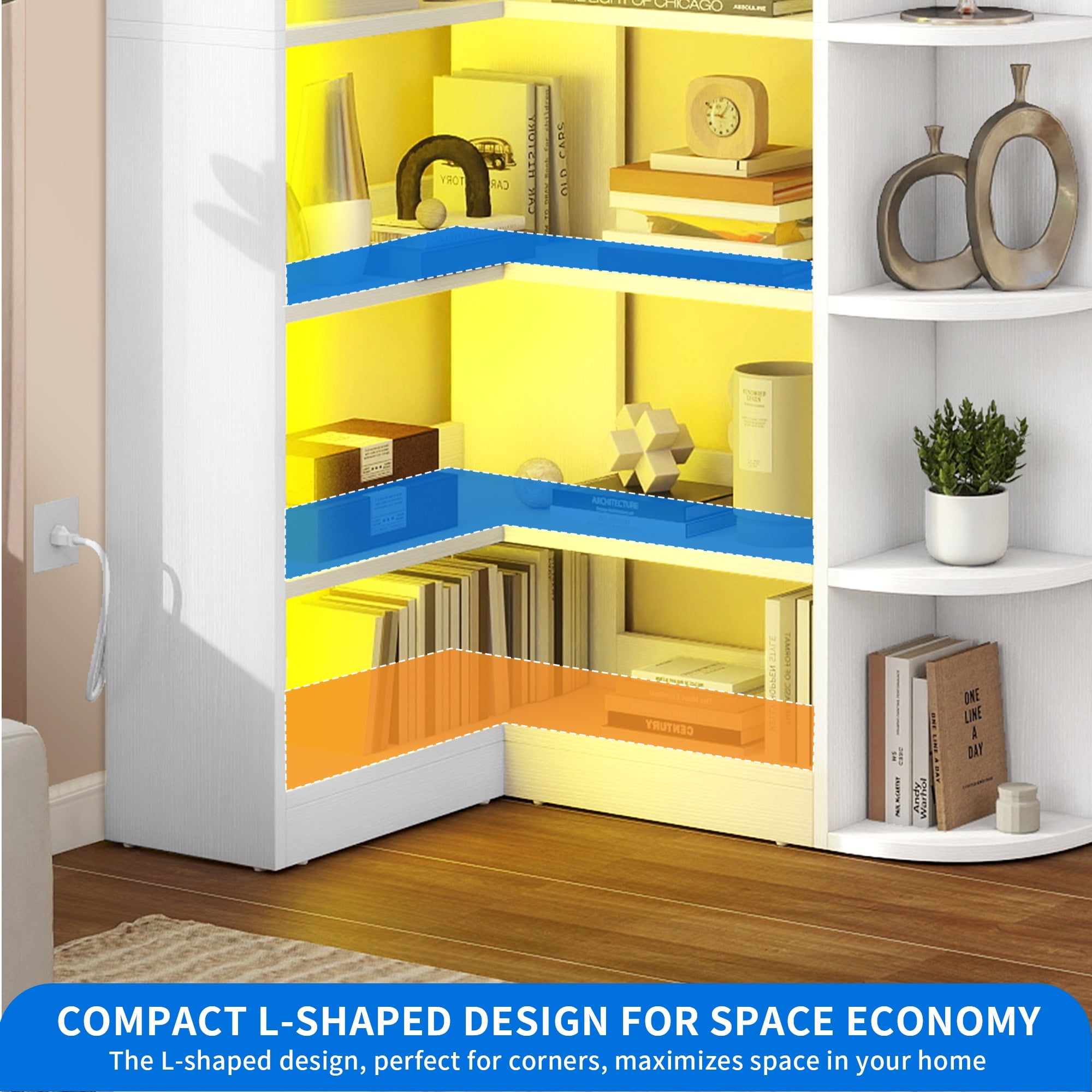 Uforic 6 Tier Bookshelf with LED Light, 70.8 " Modern White Bookcase, L-Shaped Bookcase Corner shelf Storage Organizer Display Shelf for Home Office, Living Room,Bedroom