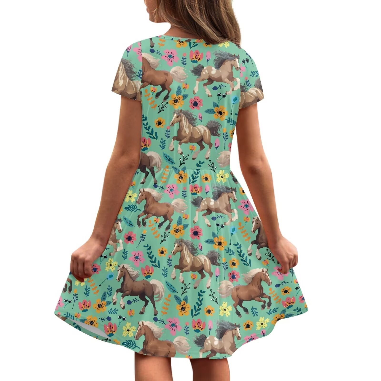 Uourmeti Horse Kids Dresses for Girls 2-14Y Summer Short Sleeve Crewneck Midi Dress Flowers Casual Loose Swing Dresses with Pockets