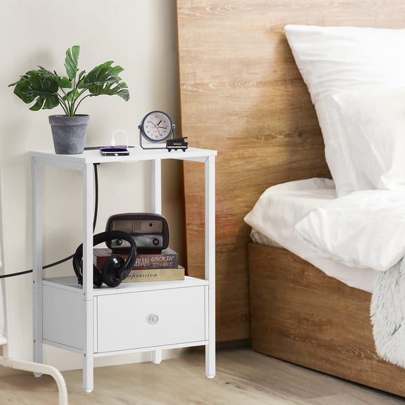 Nightstand with Charging Station, 2 Pack 15.3" L × 11.6" W × 23.6" H with Fabric Drawer, Bedside Table with USB Ports and Outlets for Bedroom, Apartment – White