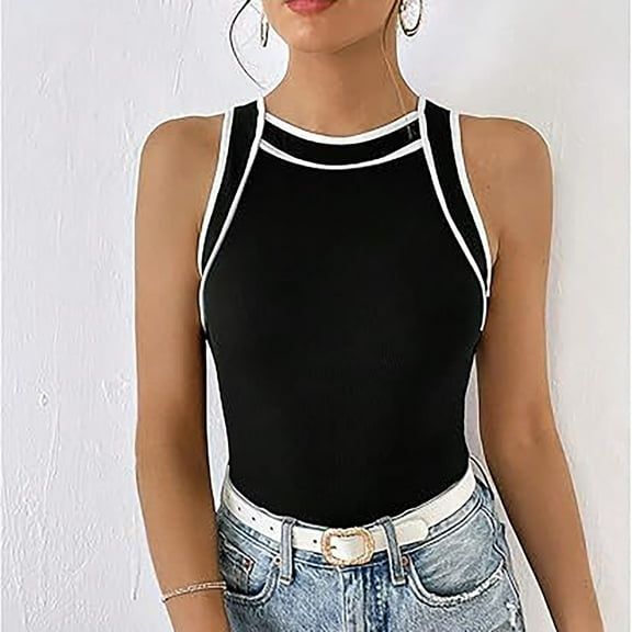 Black Tshirts for Women New Women's Clothing European and American Style Neck Hanging Fashion Color Neck Hanging Short Vest Sweater Going Out Tops for Women