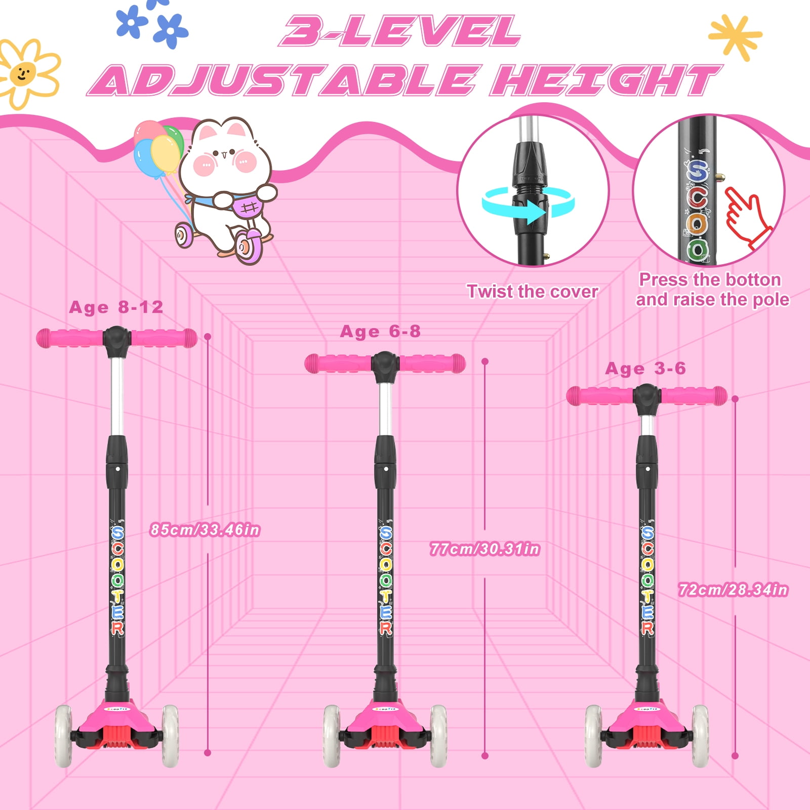 XJD 3 Wheel Kick Scooter for Kids,Foldable 3 Wheels Toddlers Scooter with LED Light & Adjustable Height, Best Gift for Boys Girls Outdoor Activities, Peach
