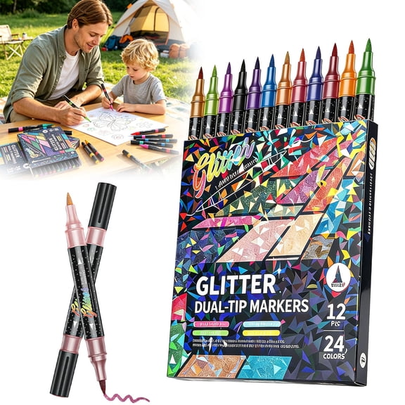 12 Pcs Dual Tip Glitter Markers Set 24 Colors Metallic Brush Art Marker Pens 10ml Large Capacity for Journaling Doodling Scrapbooking Card DIY Painting Crafts Multi