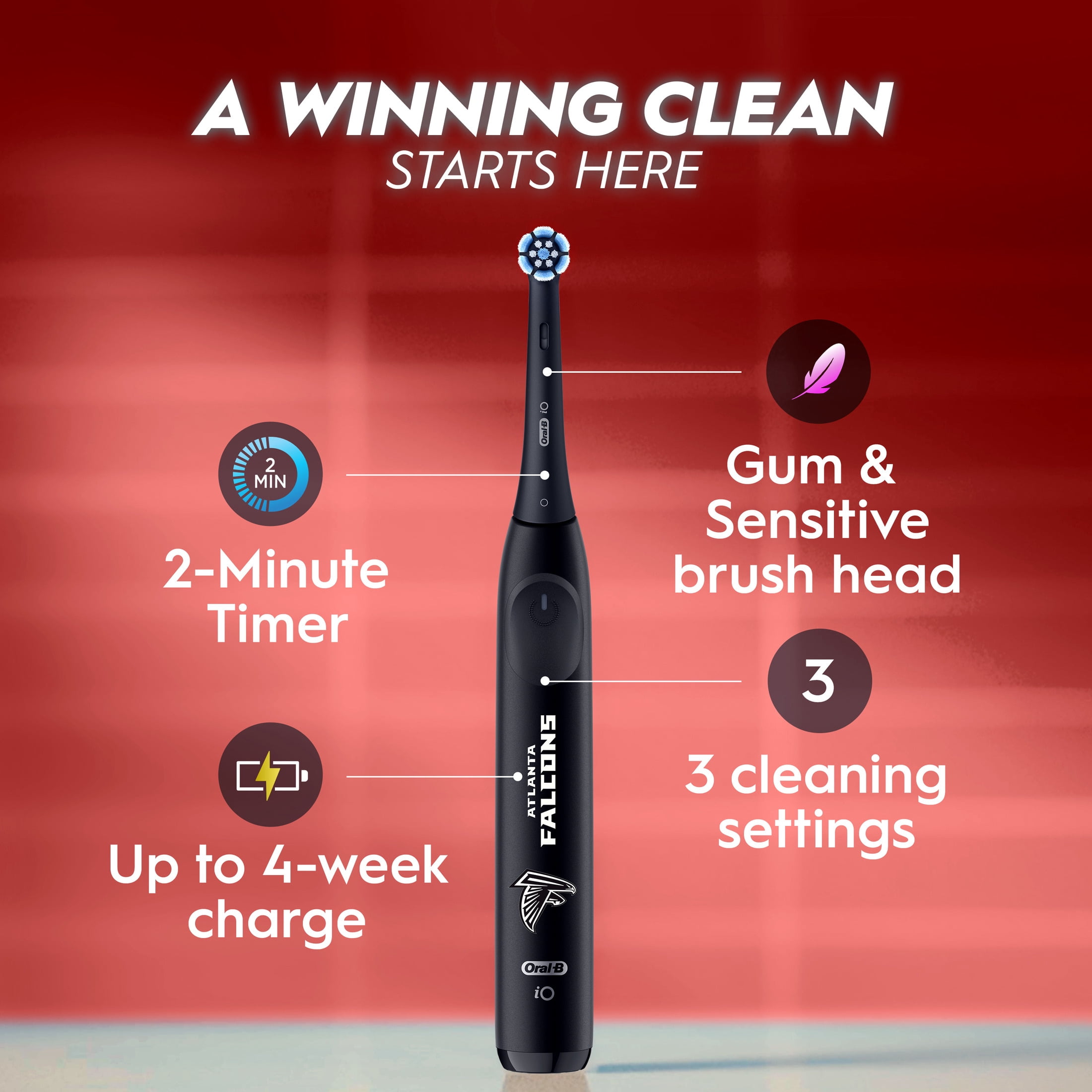 Oral-B Rechargeable Electric Toothbrush,NFL Atlanta Falcons Edition iO2, 3 Cleaning Modes, Automatic Pressure Sensor to Protect Gums