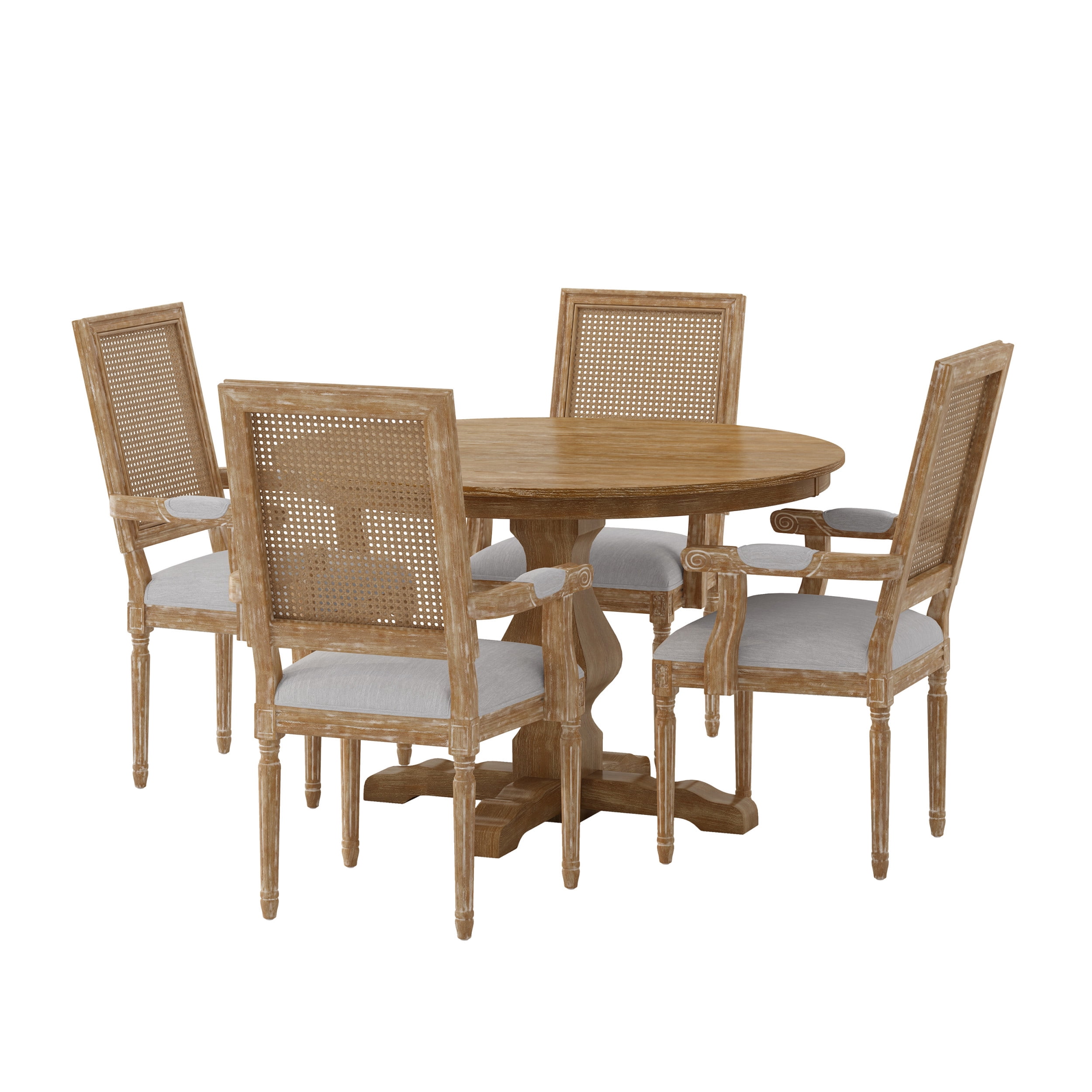 Noble House Bryan Indoor Fabric, Wood and Cane 5 Piece Round Dining Set, Natural and Light Gray