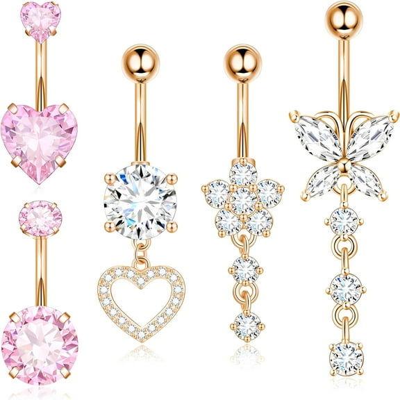 DESIGNICE Surgical Stainless Steel Dangle Belly Button Rings for Women with Heart Butterfly Rose Gold