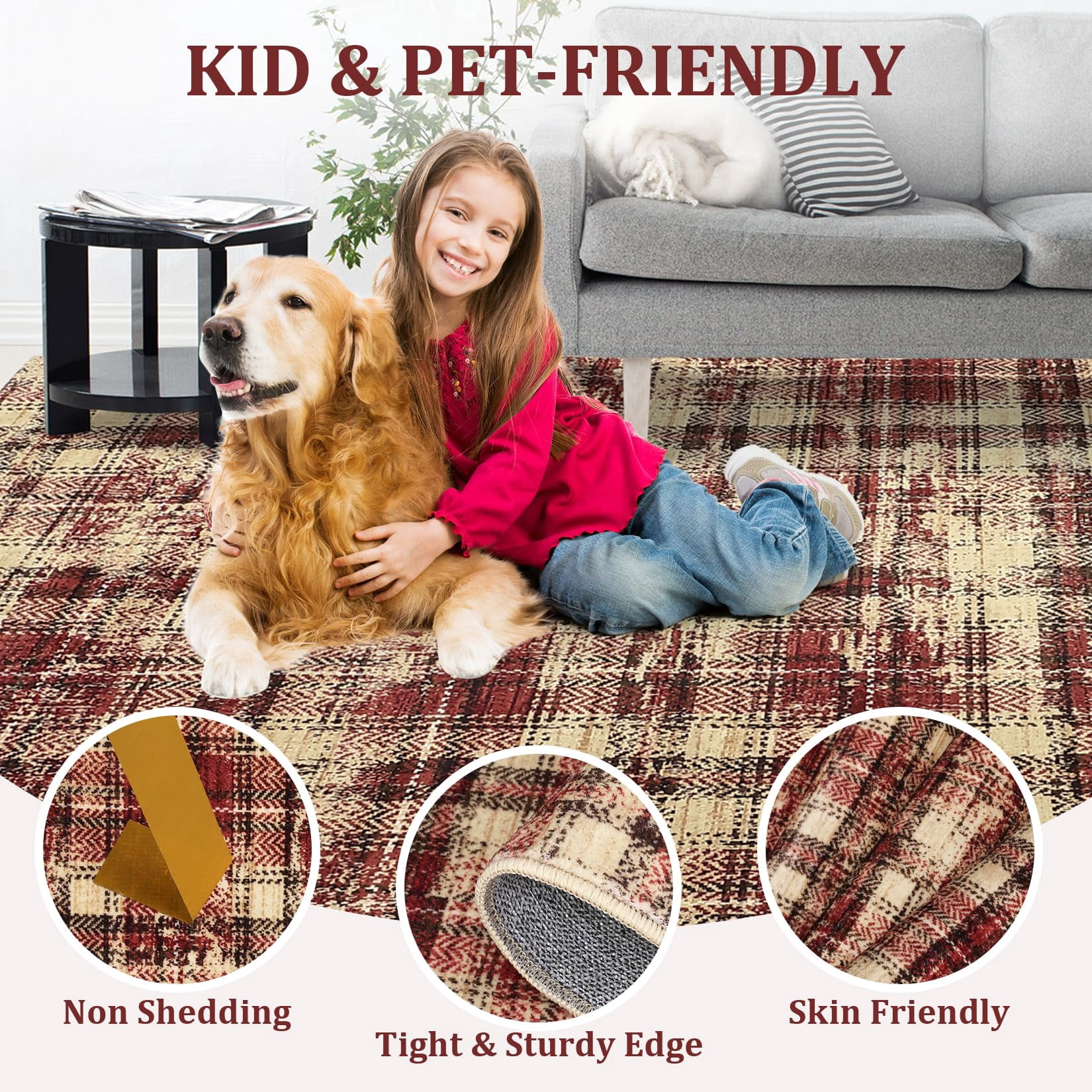9'x12' Washable Tartan Plaid Area Rug, Non Slip Non Shedding Stain Resistant Soft Pearl Velvet Indoor Rug, Luxury Plaid Floor Mat for Living Room Bedroom Nursery Office, Red