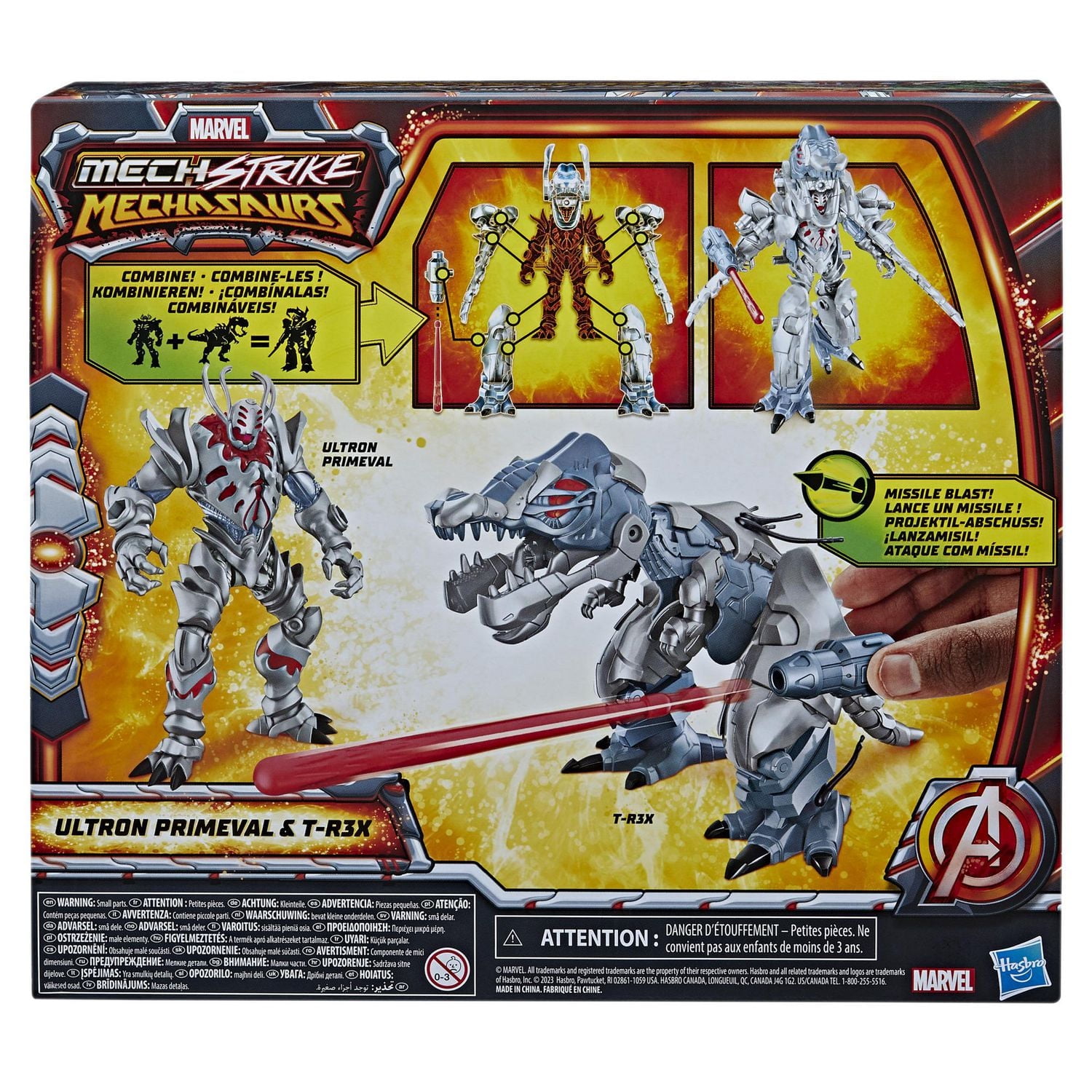 Marvel Mech Strike Mechasaurs, figurine Ultron Primeval de 11 cm avec Mechasaur T-R3X, jouet de super-héros