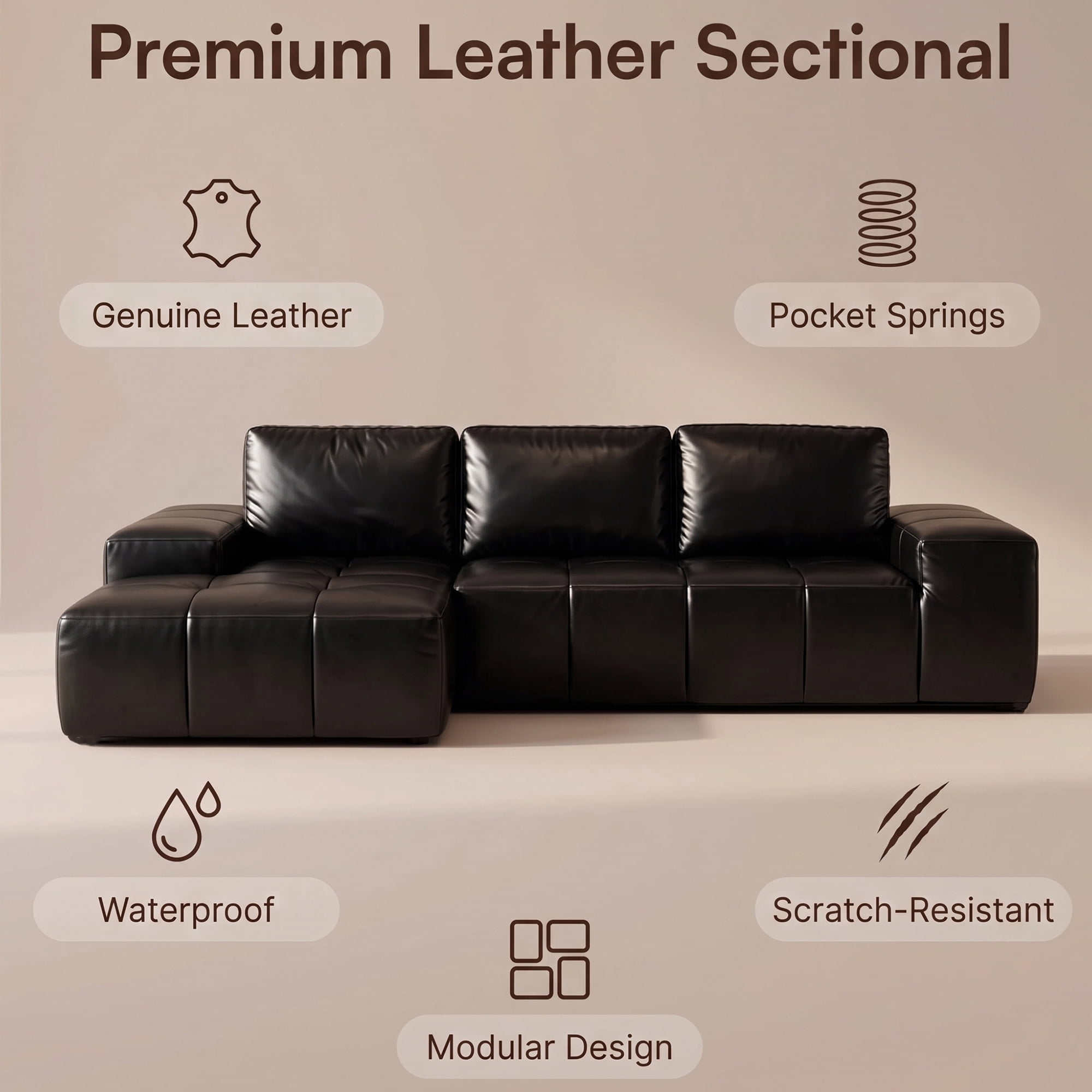 Aukfa 115" Leather Cloud Sectional Sofa Oversized Boneless Couch Modular L-Shaped Sofa for Living Room, Left Chaise, Black