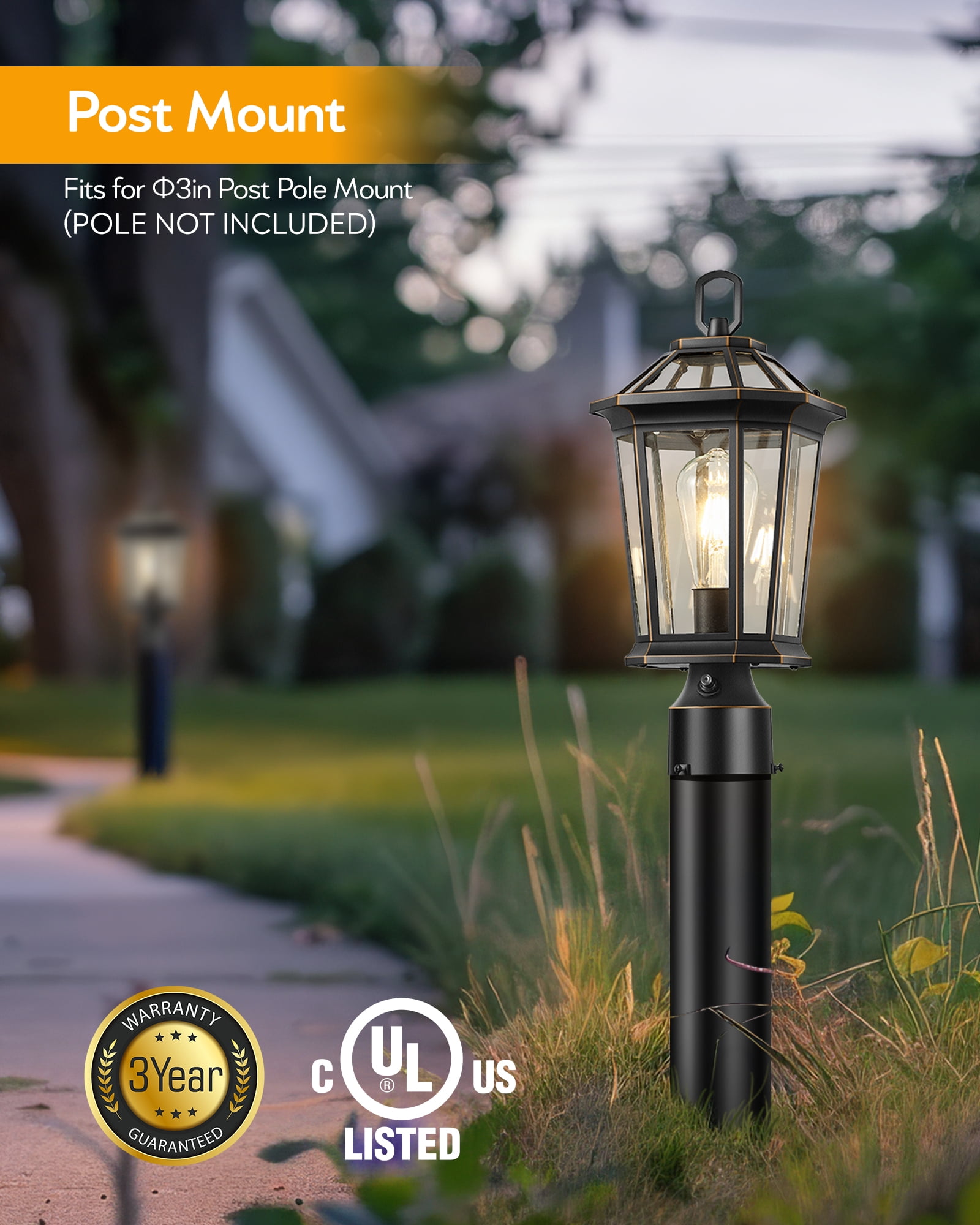 VIANIS Dusk to Dawn Outdoor Post Lights, Black Light Posts for Outside with Pier Mount Base, 100% Aluminum Waterproof Exterior Lamp Post with Tempered Glass Panels for Garden (Hardwired 120V)