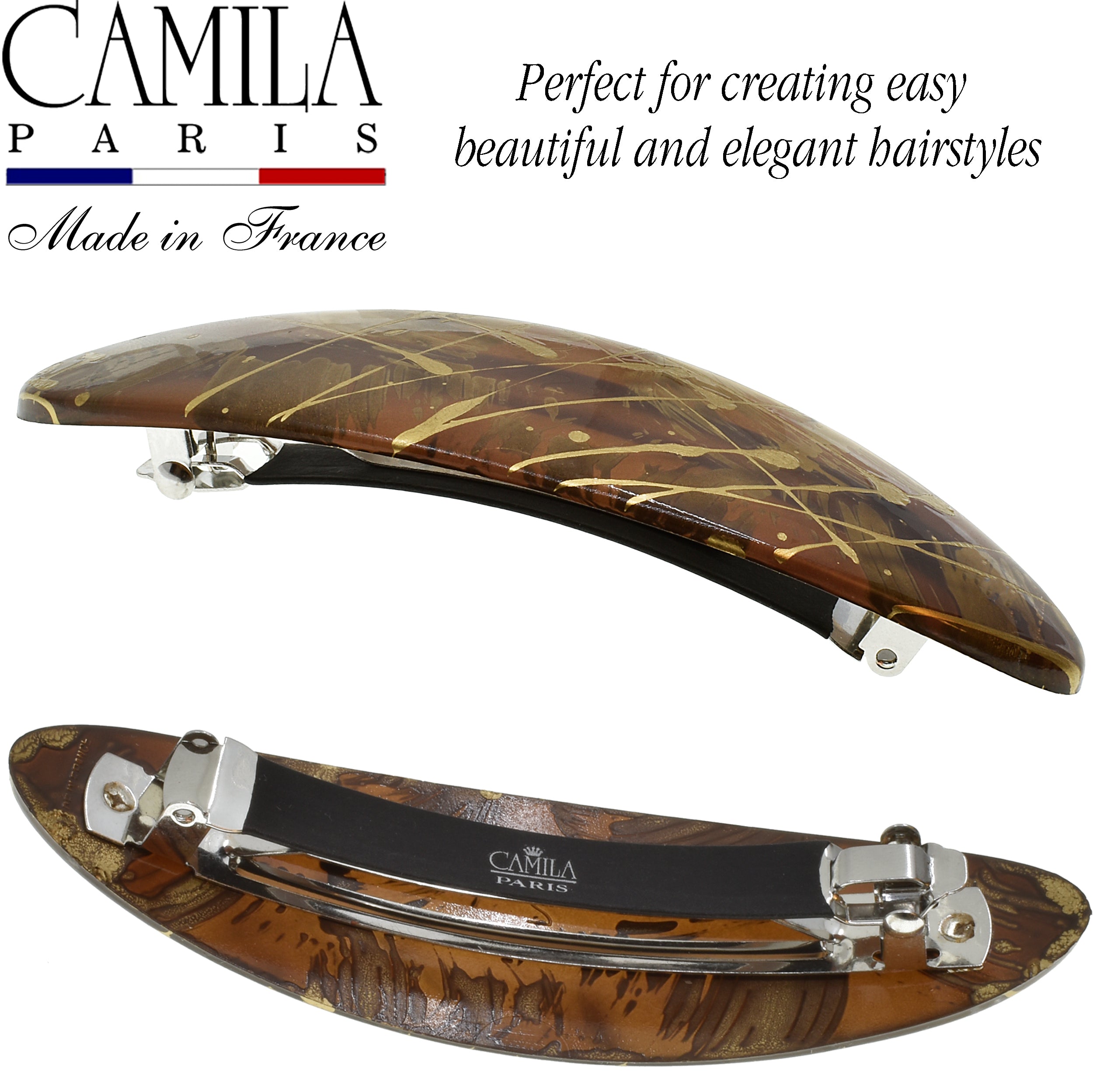 Camila Paris CP3872 French Hair Barrette Clip Oval, Strong Hold Grip Hair Clips for Women, No Slip Rubberized Metal Closure, Durable Styling Girls Hair Accessories, Made in France