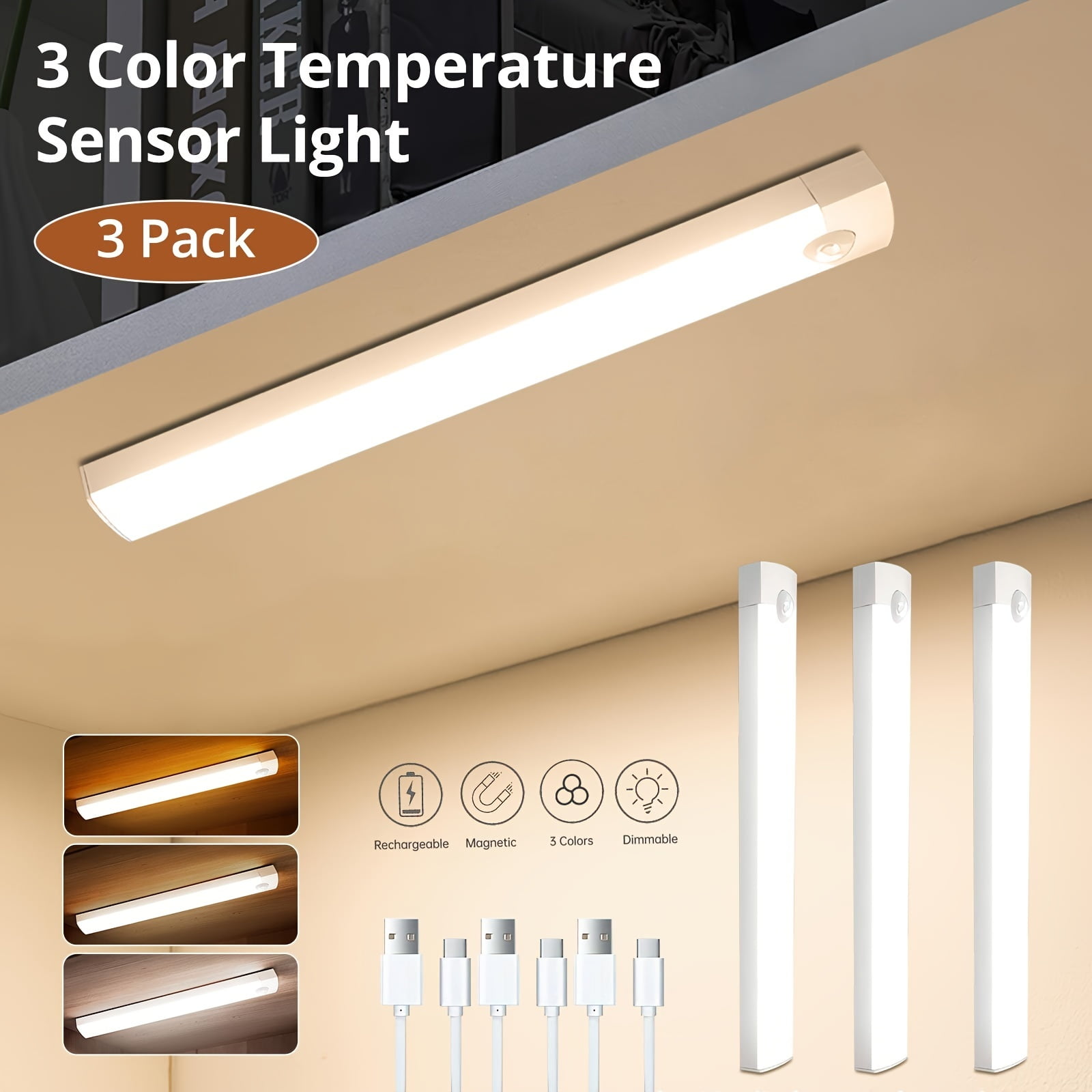 3Pack Dimmable Motion Sensor Cabinet Light - Wireless Magnetic USB Rechargeable, 3 Color Temps, Under Counter Lighting for Kitchen Closet Wardrobe Hallway Stairs