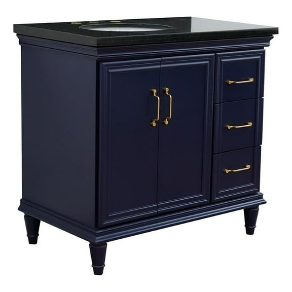 37 in. Single Wooden Vanity  Blue Black Galaxy Oval Left Door.Left Sink