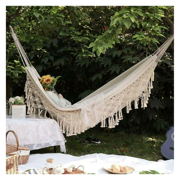 Wqmh Double Boho Macrame Hammock with Elegant Tassels for Patio, Yard, Beach Wedding Decor, Outdoor and Indoor Up to 500lbs Include Tie Ropes and Drawstring Bag,240*150CM
