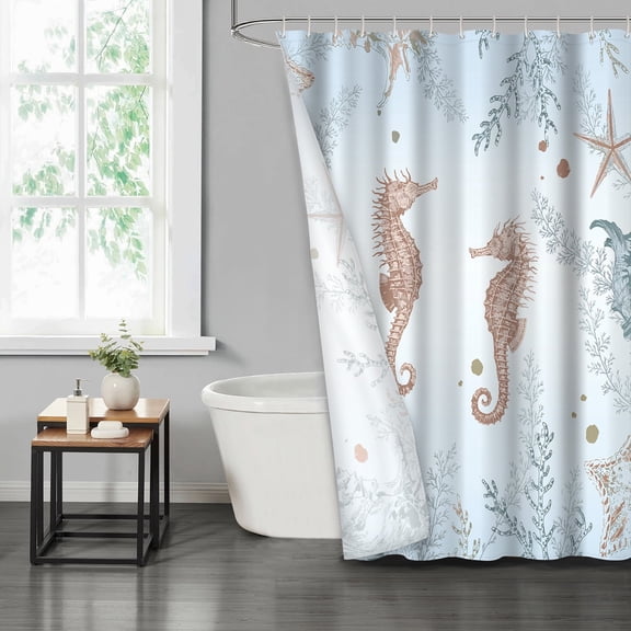 LVRLVR Minimalist Ocean Fabric Shower Curtain - Seahorse & Underwater Plants Modern Art Bathroom Decoration, Blue, 70.8" x 70.8"