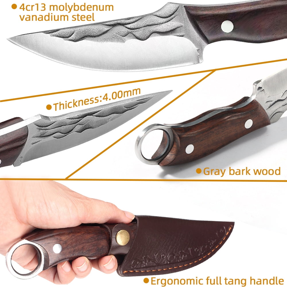 Kitchen Knife Set,Forged Hunting Knife with Heavy Duty Kitchen Shear,Full Tang Fixed Blade Knife Wood Handle with Lanyard,Camping Knife Fishing Knife w/ Sheath