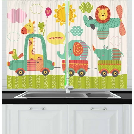 Kids Curtains 2 Panels Set, Train with Baby Jungle Animals Saying Welcome African Safari Theme Nursery Design, Window Drapes for Living Room Bedroom, 55W X 39L Inches, Multicolor, by Ambesonne