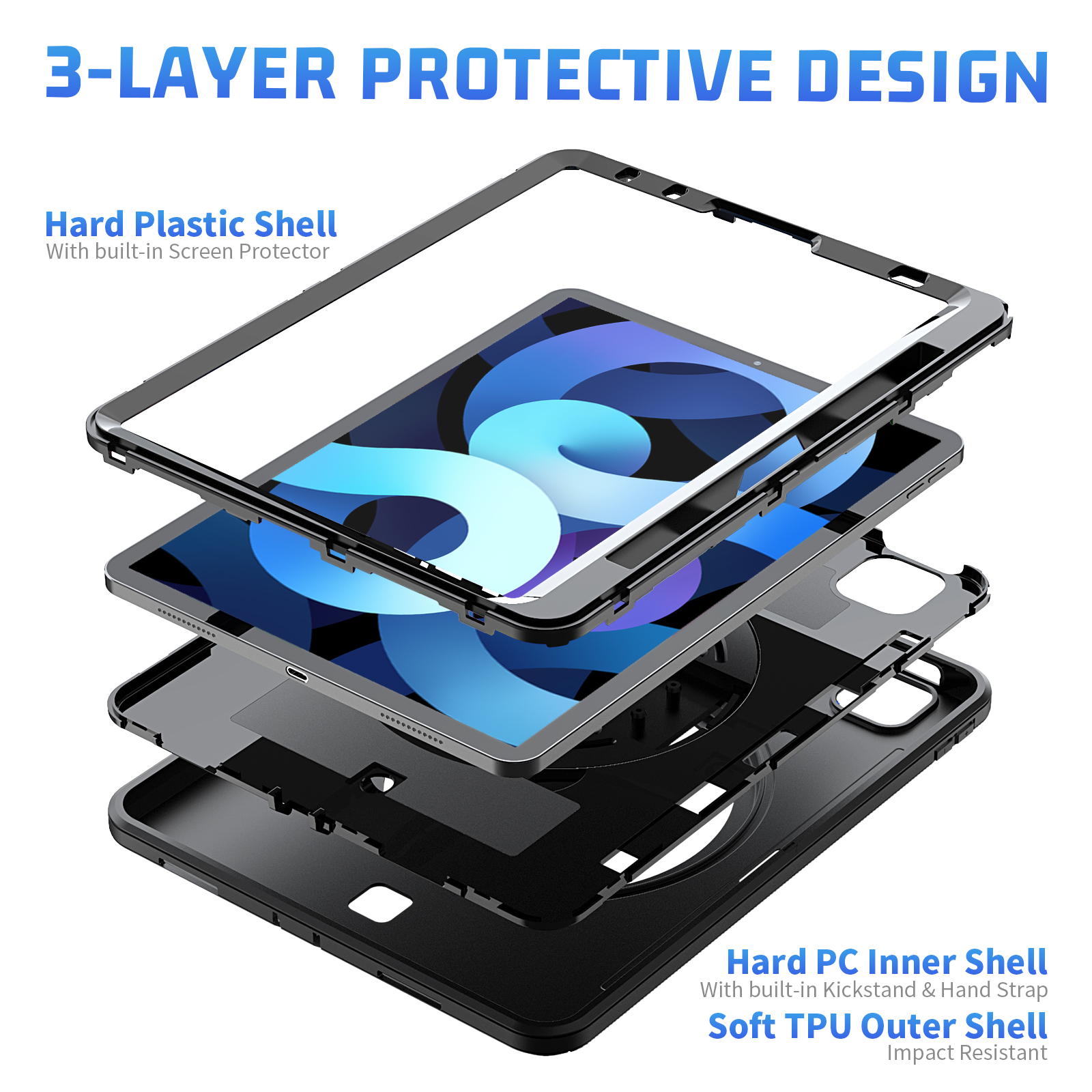 Allytech iPad Pro 12.9" Case 3rd/ 4th Gen, Build-in Screen Protector Full Body Protection Kids Proof Rotating Stand Hand Shoulder Strap Pencil Holder Cover for Apple iPad Pro 12.9" 2020/2018, Black