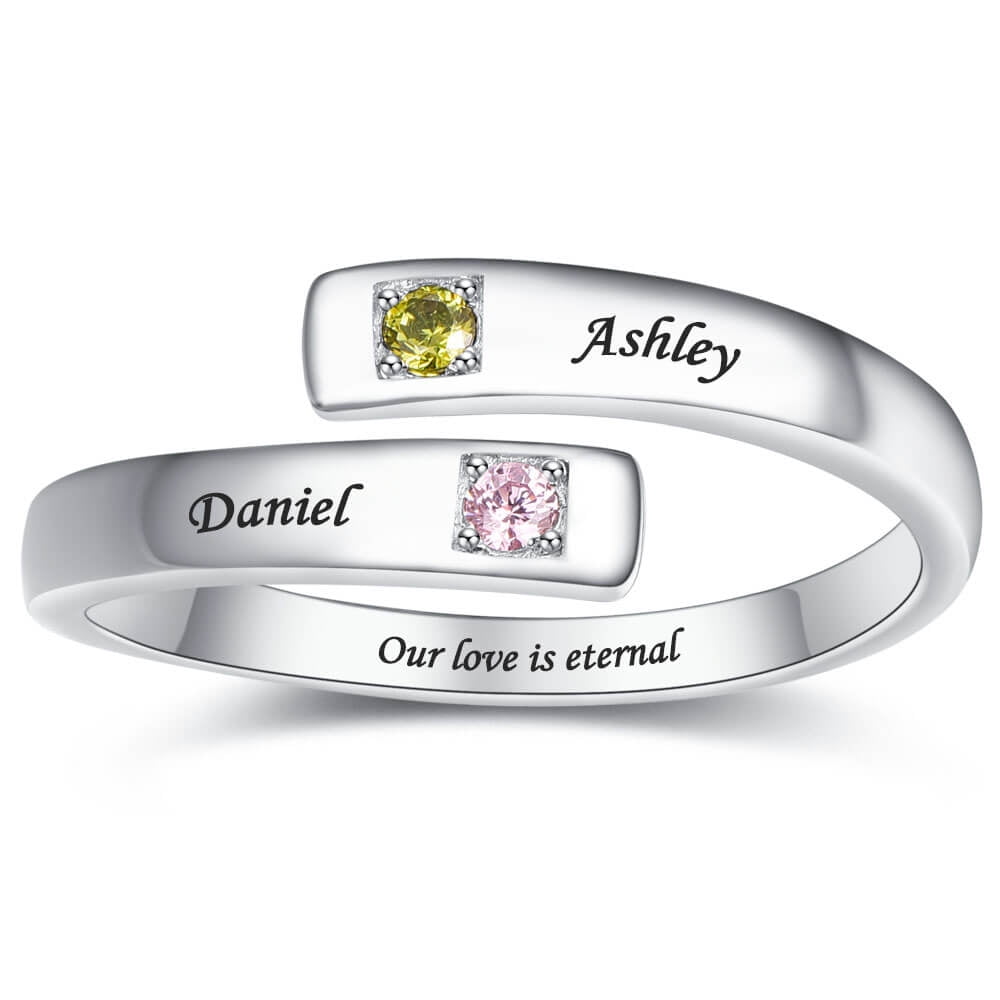 Personalized Adjustable Custom Ring with Any Name Women's Sterling Silver Open Ring with 2 Simulated Birthstones Jewelry Gift for Mother Lady