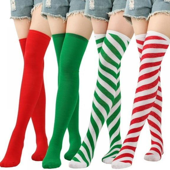 Baywell Women Striped Over Knee Socks 4 Pairs Thigh High Stockings for Halloween Christmas