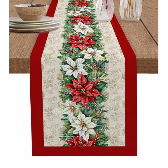 Red Christmas Poinsettia Table Runner 72 Inches, Xmas Botanical Vintage Bed Runner Dresser Scarves Tabletop for Indoor Outdoor Parties/Ceremony/Banquet, 13" x 72"