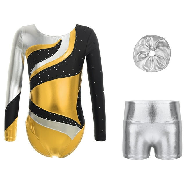 Oyolan Leotards for Girls Gymnastics Dance Bodysuit with Shorts and Hairband Ballet Unitards Practice Jumpsuit Gold&Silver 6