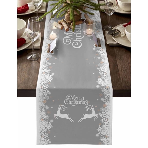 Grey Christmas Cotton Linen Table Runner for Dining Kitchen, Xmas Elk White Snowflake Winter Holiday Wedding Outdoor Party Tablerunners Decoration, Dresser Scarf Coffee Tablecloth Runners 13"x70"