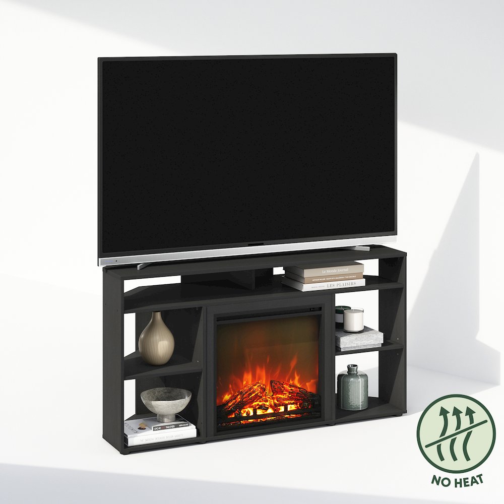 Furinno Jensen No Heat Decorative Electric Fireplace Corner TV Stand, Entertainment Center for TV up to 55 Inch with 6 Open Compartments, Americano