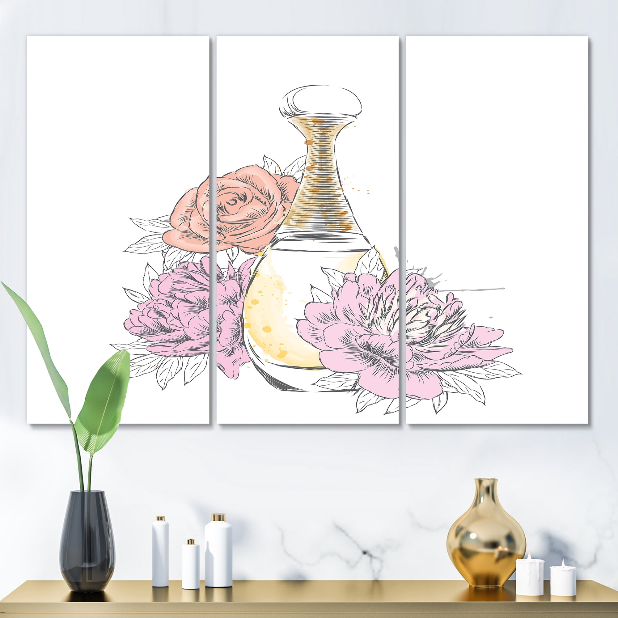Designart ' Bouquet of Flowers and Perfume Bottle I ' Traditional Canvas Wall Art Print
