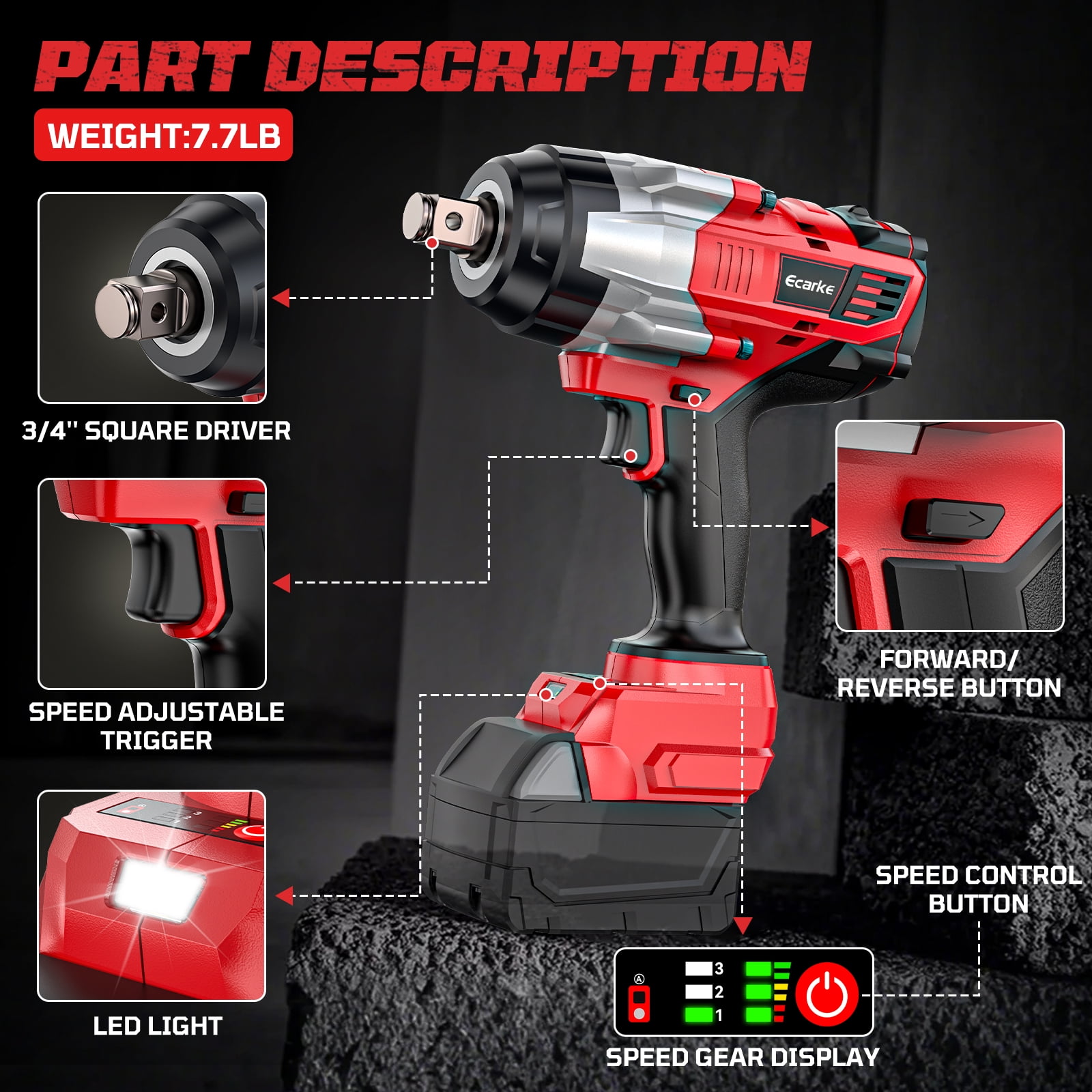 3/4" Impact Wrench for Milwaukee 18V Battery: 1850FT-LBS(2500N.m) High Torque Impact Driver, 4-Speed Heavy Duty Cordless Impact with Auto-Stop Reverse for Car/Truck/Home/Mower(No Battery)