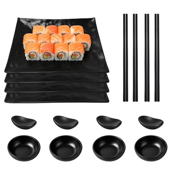 16 Pcs Japanese Sushi Plate Set, Melamine Dinnerware, Includes 4 Sushi Trays, Round Bowls, Oval Chopstick Rests, Chopsticks, for Kitchen Dining, Home Restaurant