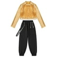 thumbnail image 3 of TiaoBug Kids Girls Hip Hop Jazz Dance Outfits Sequin Long Sleeve Crop Top with Cargo Pants Modern Performance Costume Gold 8, 3 of 5